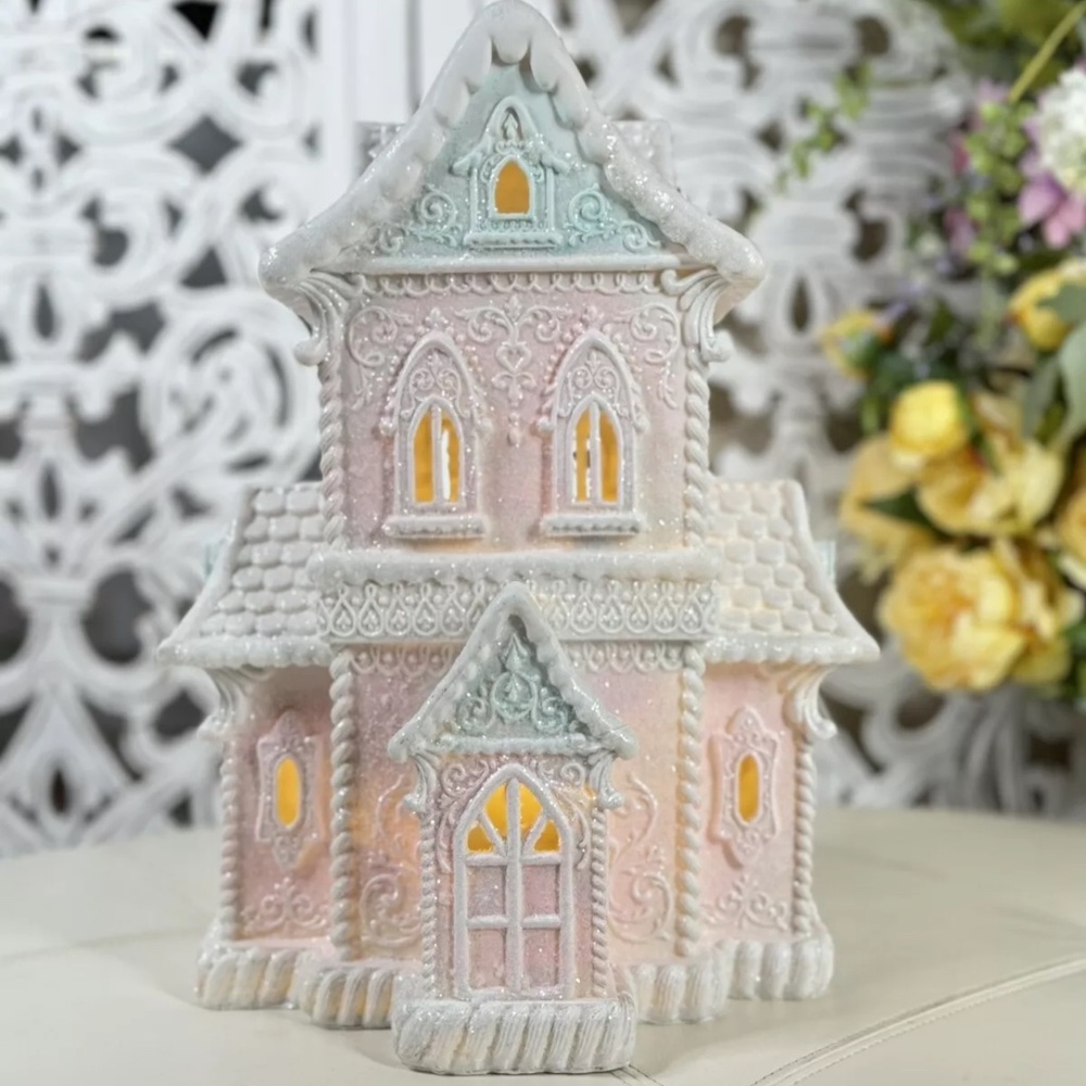 LED Light Up Pink Pastel Gingerbread Cookie House Sugar House Christmas Village